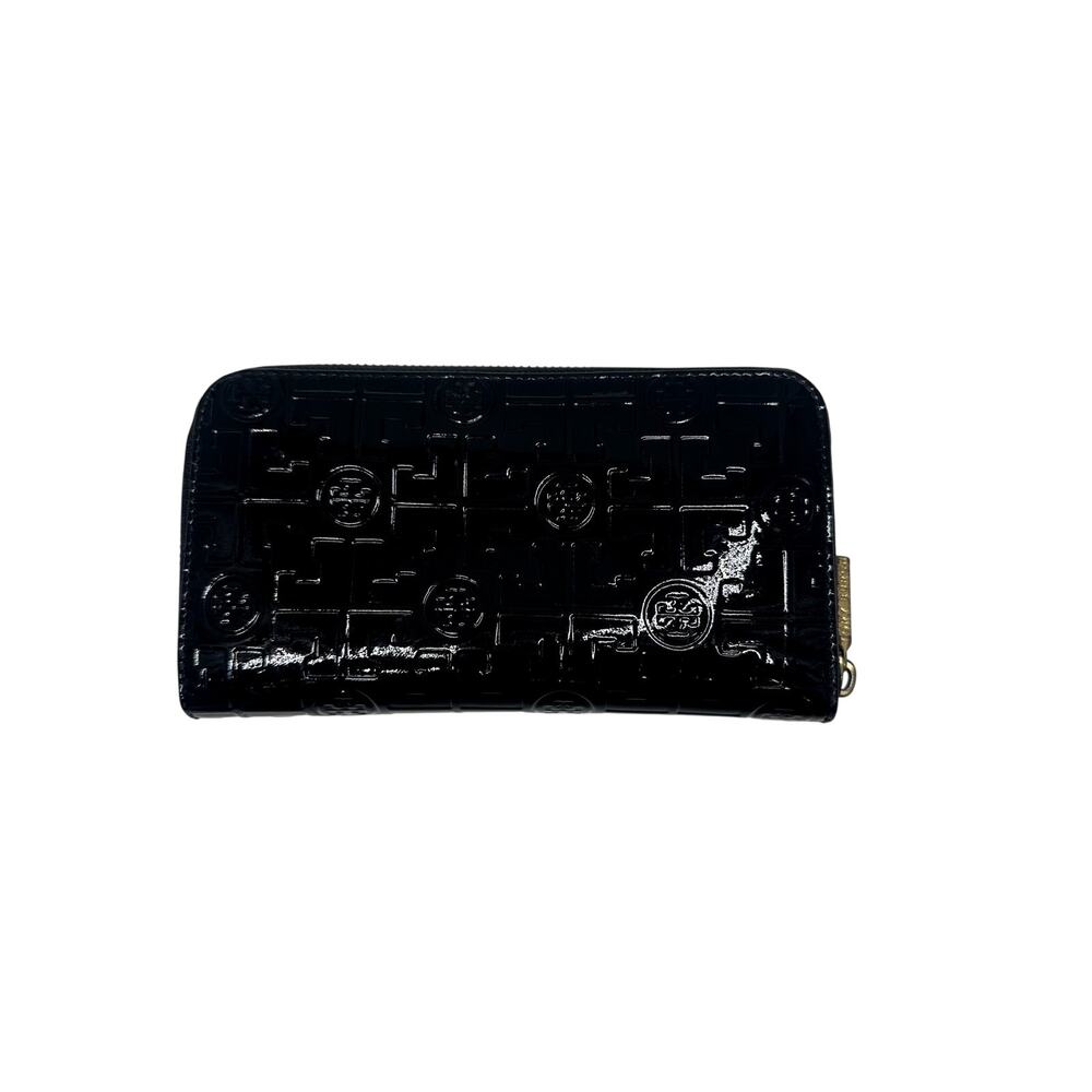 Tory Burch Black Patent Leather Embossed Logo Zip Around Continental Wallet OS